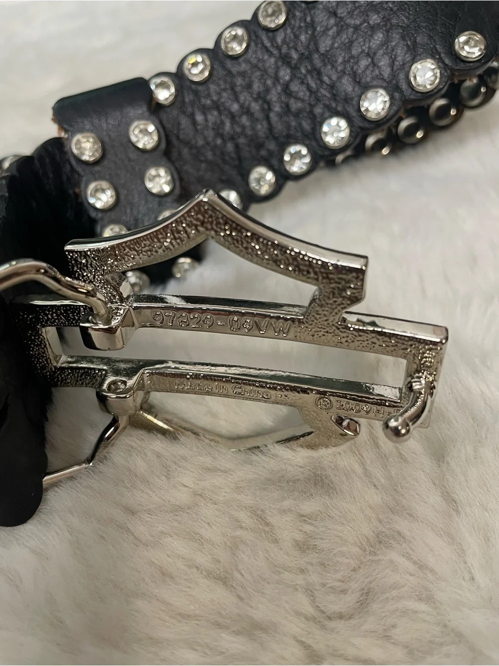 Harley-Davidson Black Leather Belt with Teal Crystal Buckle